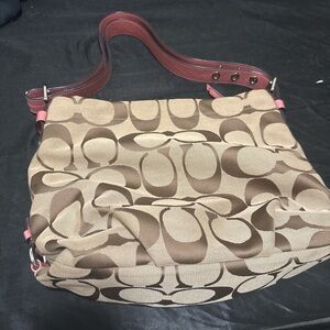 Coach Brown and Tan Shoulder Bag with Red Accents